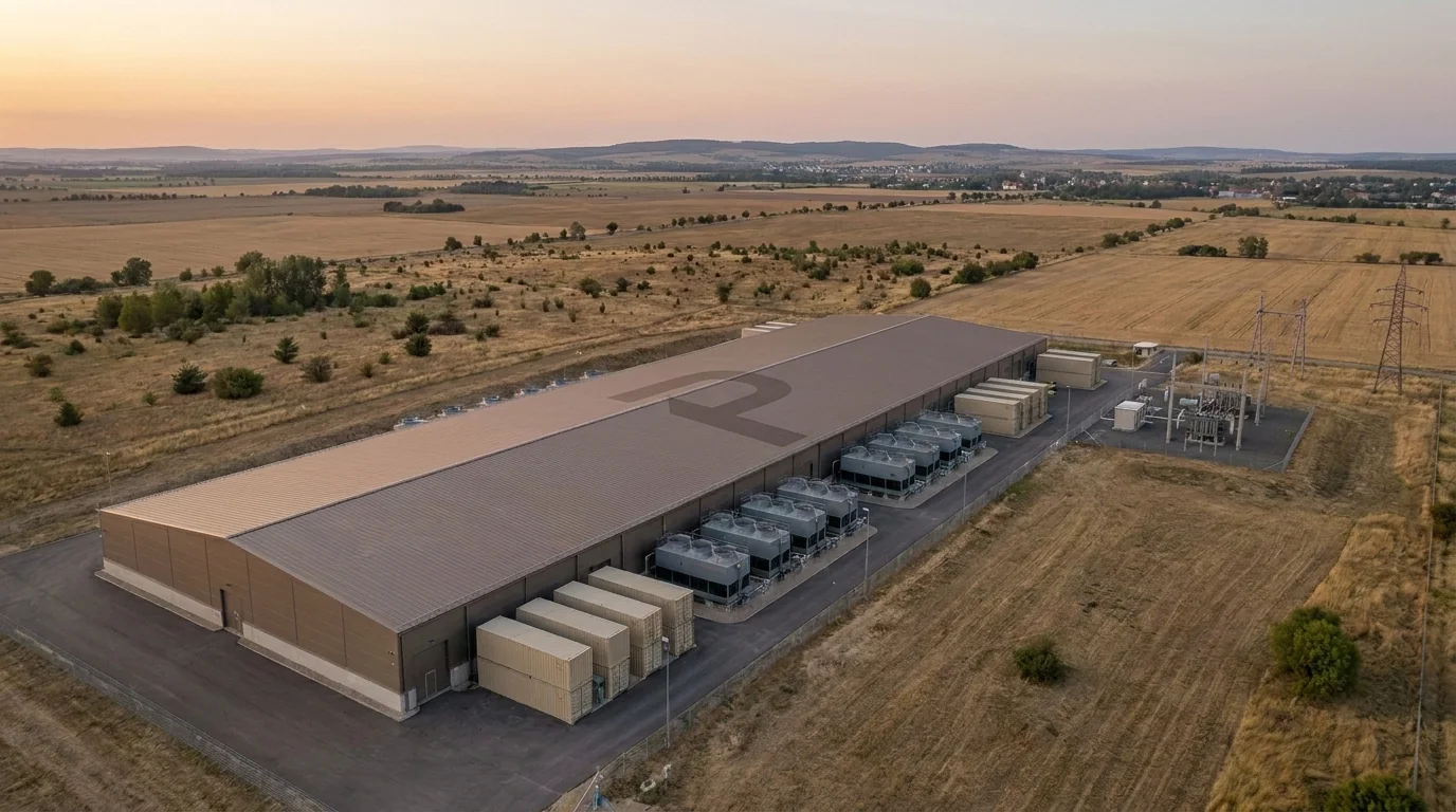 Aerial view of the Project Stale data hall at dusk, with cooling units and substation