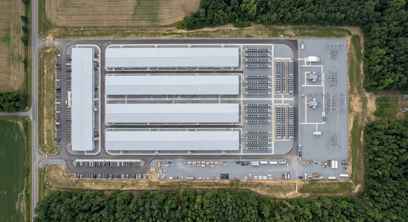 Aerial view of a large-scale data center campus