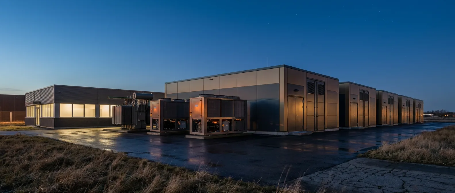 Modular data center facility at dusk with grid transformer