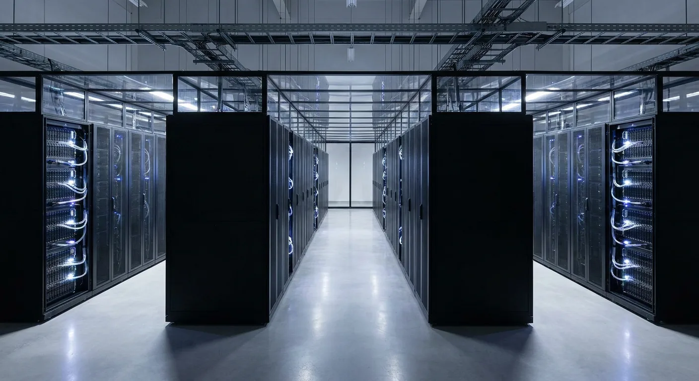 Liquid-cooled colocation data hall: racks, containment aisle and overhead power distribution
